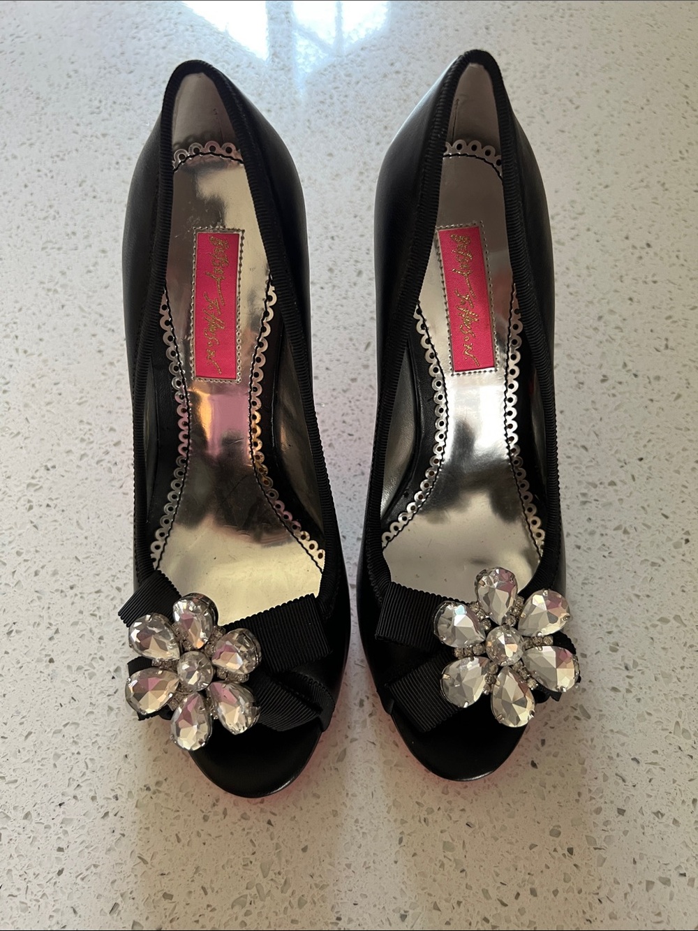 Betsey Johnson Women's Black Embellished Peep-Toe Heels